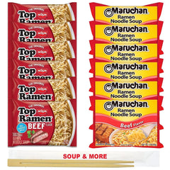 Maruchan Ramen Instant Beef Flavor Soup 6 Noodles Packs & 6 Nissin Packs Beef Noodles Flavor , 12 Count, 2 Flavors