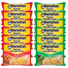 Maruchan Ramen Instant Noodle Soup Variety, 2 Flavors - 6 Packs Beef & 6 Packs Chili, 3 Ounce Single Servings