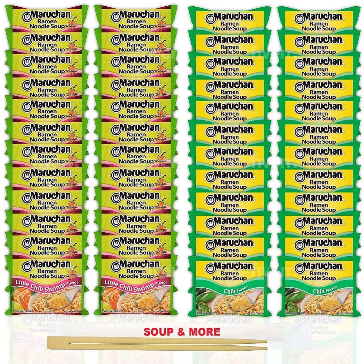 Maruchan Ramen Instant Noodle Soup - 2 Flavors - 24 Packs Lime Chili Shrimp & 24 Packs Chili