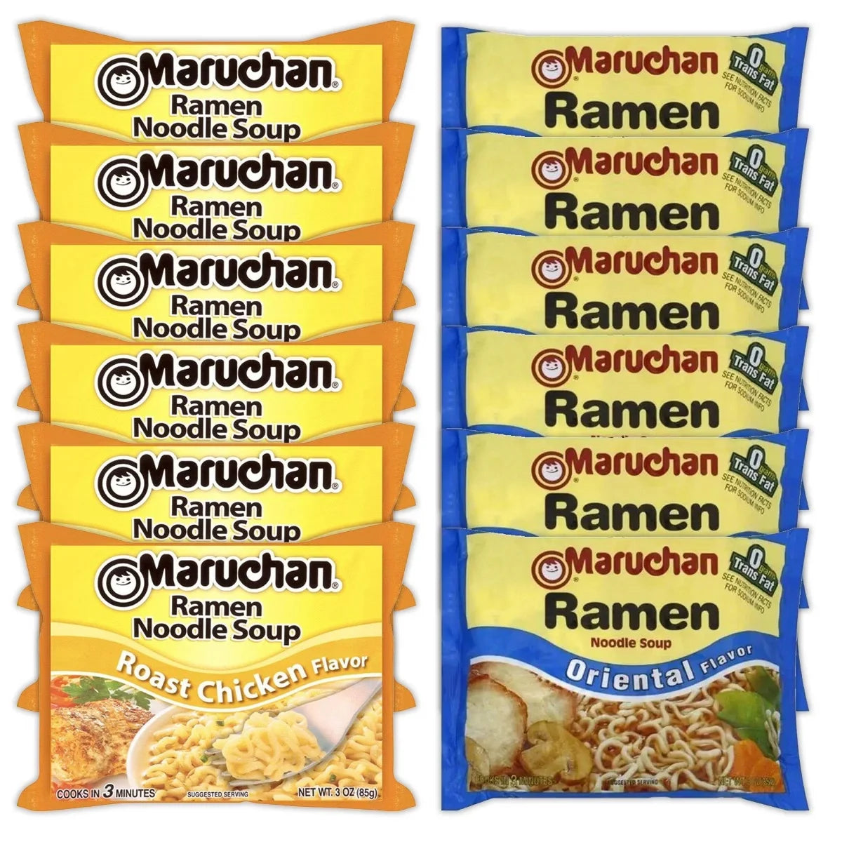 Maruchan Ramen Instant Noodle Soup Variety, 2 Flavors - 6 Packs Roast Chicken & 6 Packs Soy Sauce, 3 Ounce Single Servings