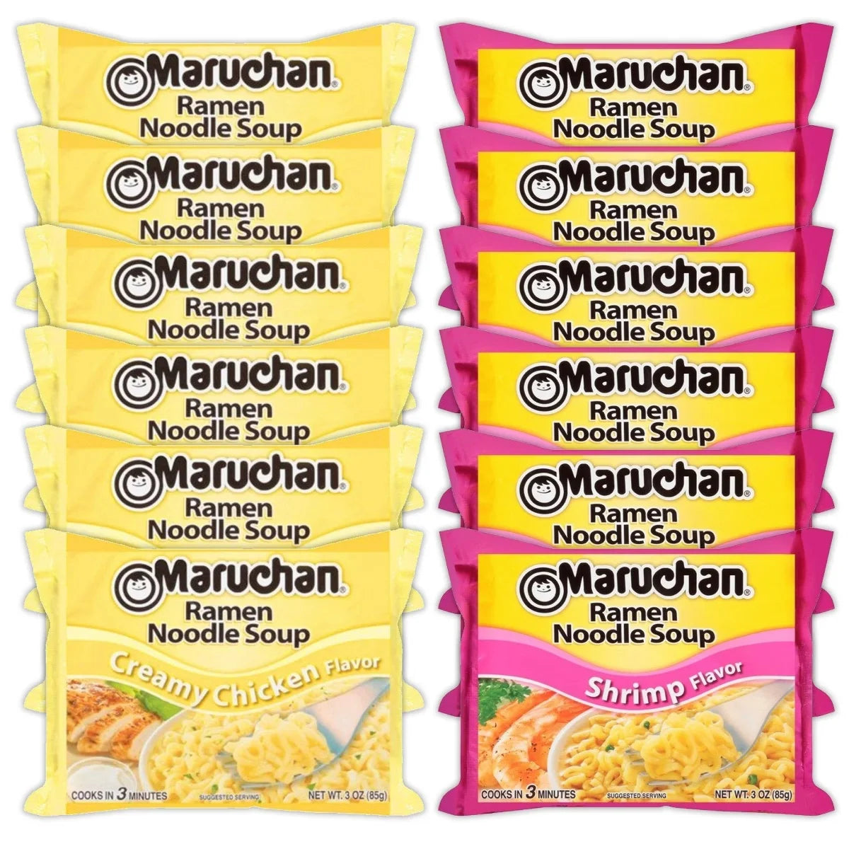 Maruchan Ramen Instant Noodle Soup Variety, 2 Flavors - 6 Packs Creamy Chicken & 6 Packs Shrimp, 3 Ounce Single Servings