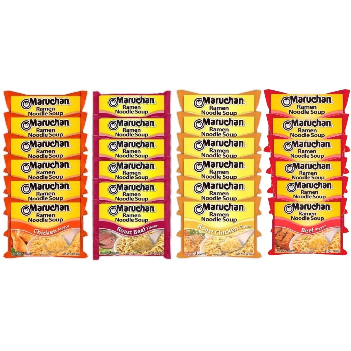 Maruchan Ramen Instant Noodle Soup Mix 24 Packs, 4 Flavors - 6 Beef, 6 Roast Chicken , 6 Roast Beef, 6 Chicken