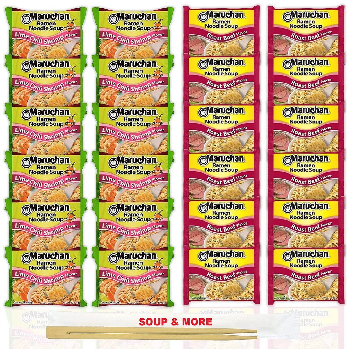 Maruchan Ramen Instant Noodle Soup Variety, 2 Flavors - 12 Packs Lime Chili Shrimp & 12 Packs Roast Beef