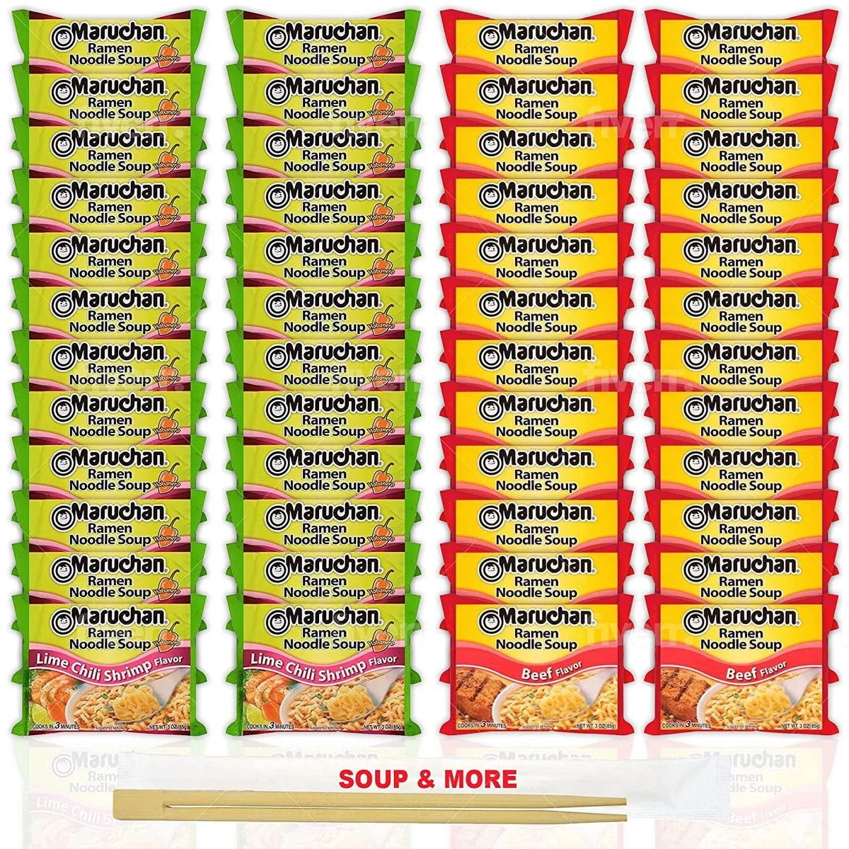 Maruchan Ramen Instant Noodle Soup - 2 Flavors - 24 Packs Lime Chili Shrimp & 24 Packs Beef