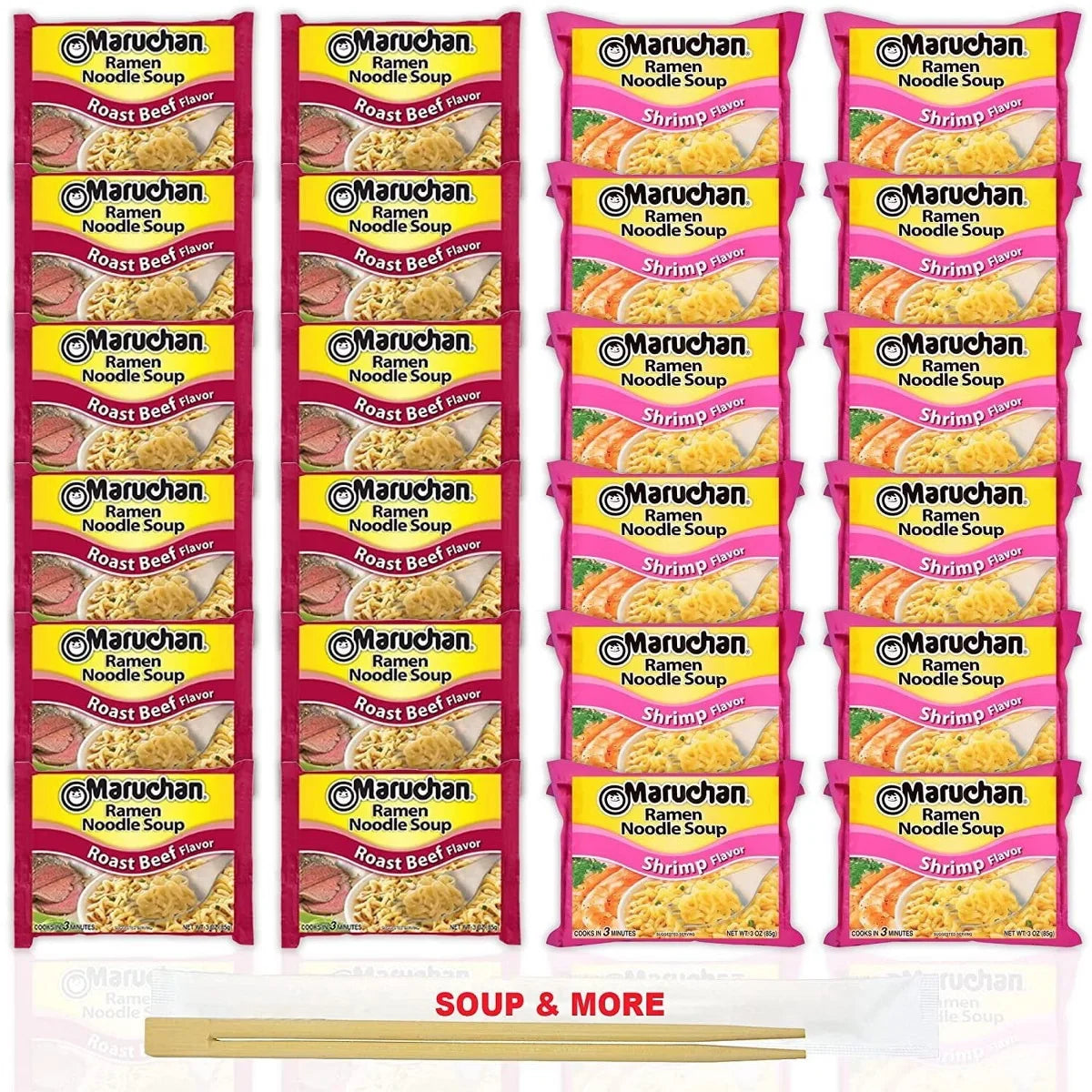 Maruchan Ramen Instant Noodle Soup Variety, 2 Flavors - 12 Packs Roast Beef & 12 Packs Shrimp