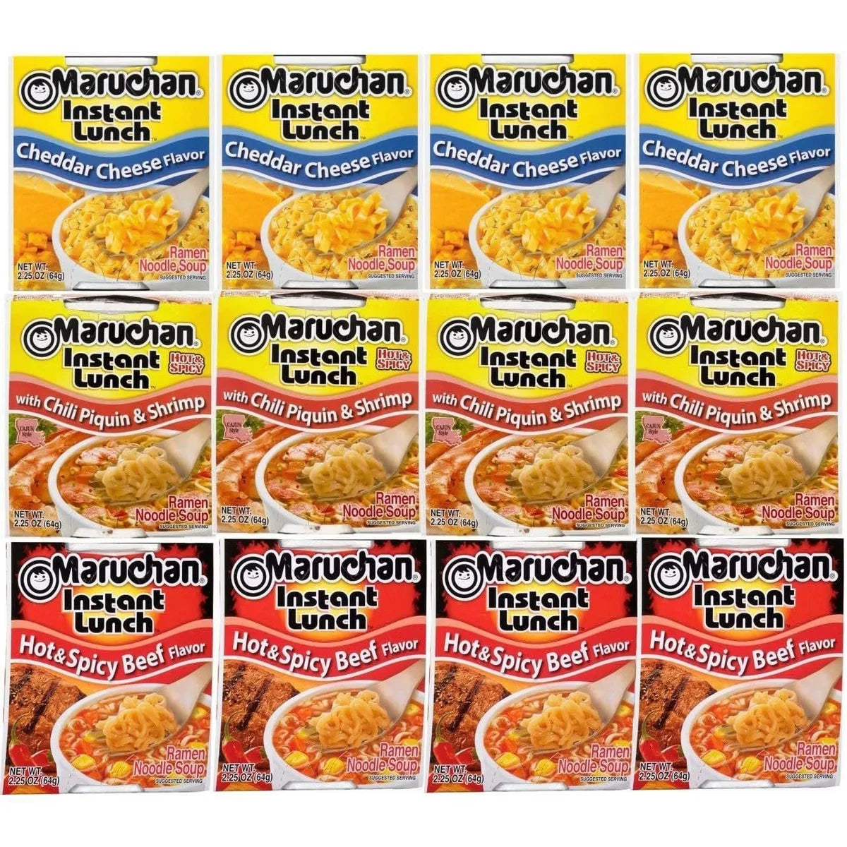 Maruchan Ramen cup Instant Soup Noodles Mix Variety 3 Flavor Packs 12 Count - 4 Cheddar Cheese, 4 Chili Piquin & Shrimp, 4 Hot & Spicy Beef, Pack