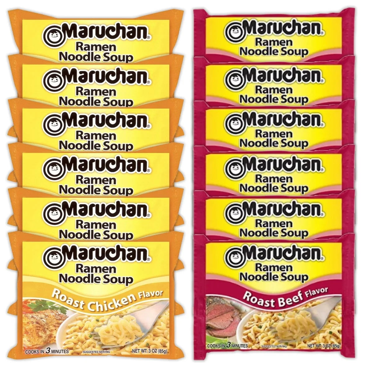 Maruchan Ramen Instant Noodle Soup Variety, 2 Flavors - 6 Packs Chicken & 6 Packs Roast Beef, 3 Ounce Single Servings