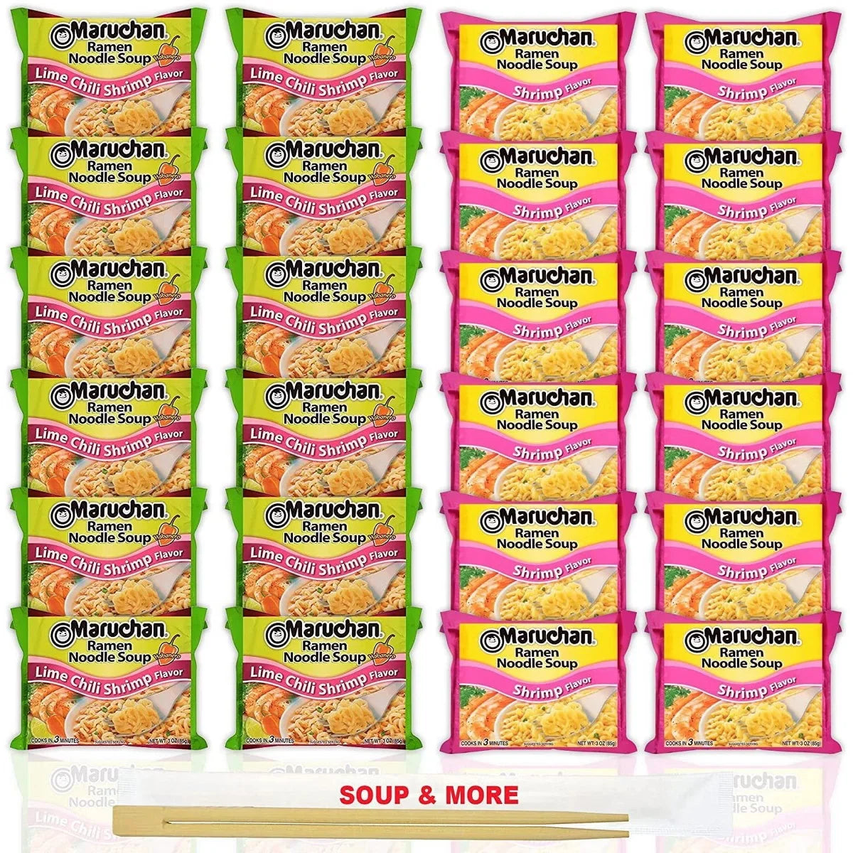 Maruchan Ramen Instant Noodle Soup Variety, 2 Flavors - 12 Packs Lime Chili Shrimp & 12 Packs Chili