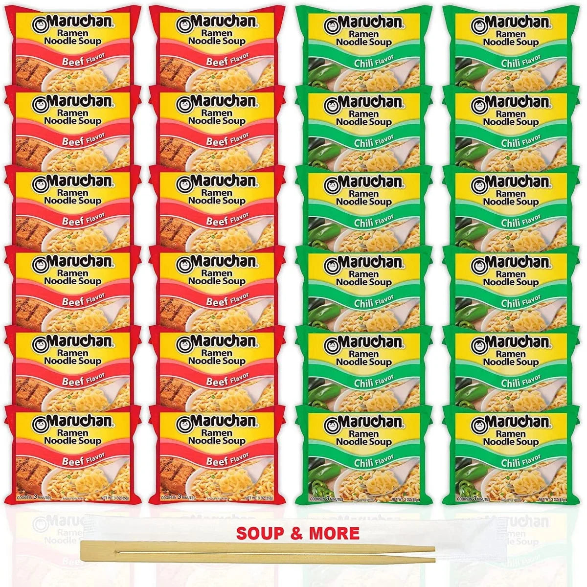 Maruchan Ramen Instant Noodle Soup Variety, 2 Flavors - 12 Packs Beef & 12 Packs Chili