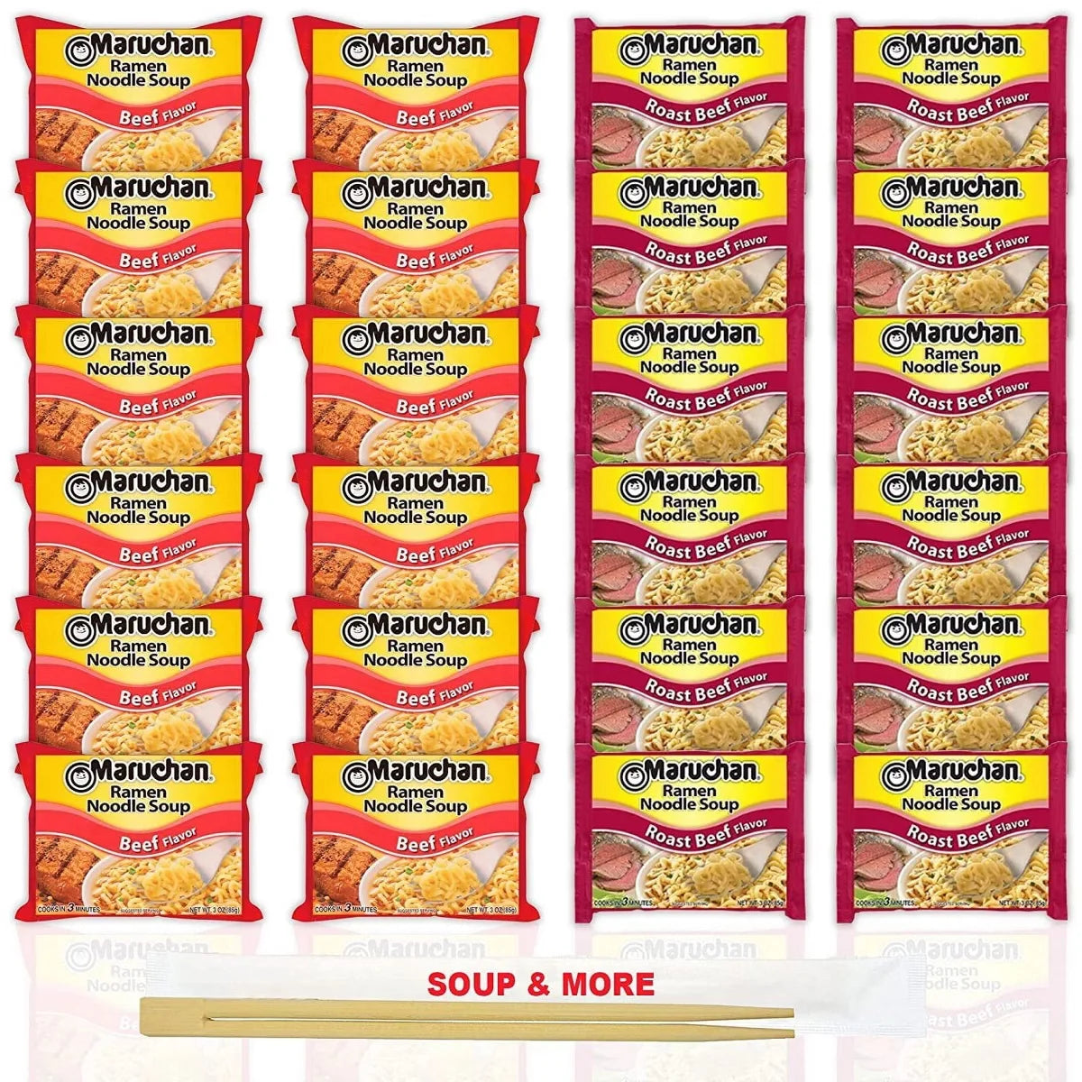 Maruchan Ramen Instant Noodle Soup Variety, 2 Flavors - 12 Packs Beef & 12 Packs Roast Beef