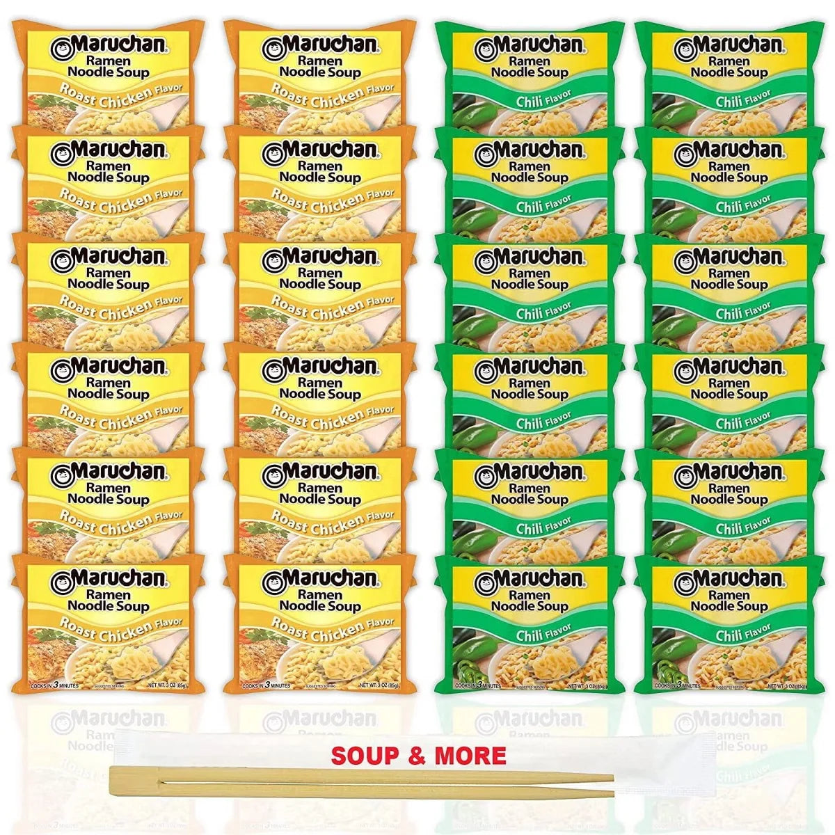 Maruchan Ramen Instant Noodle Soup Variety, 2 Flavors - 12 Packs Roast Chicken & 12 Packs Chili