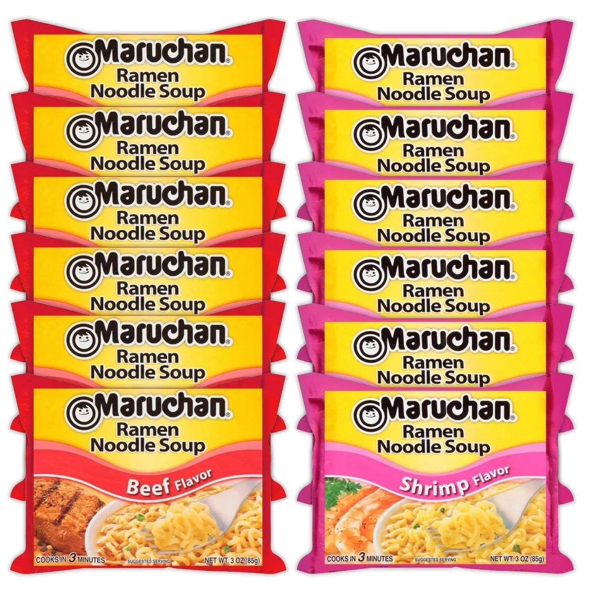 Maruchan Ramen Instant Noodle Soup Variety, 2 Flavors - 6 Packs Beef & 6 Packs Shrimp, 3 Ounce Single Servings