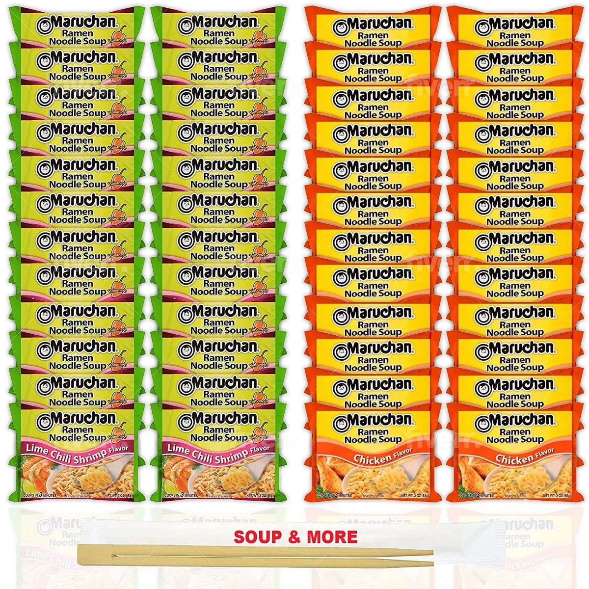 Maruchan Ramen Instant Noodle Soup - 2 Flavors - 24 Packs Lime Chili Shrimp & 24 Packs Chicken