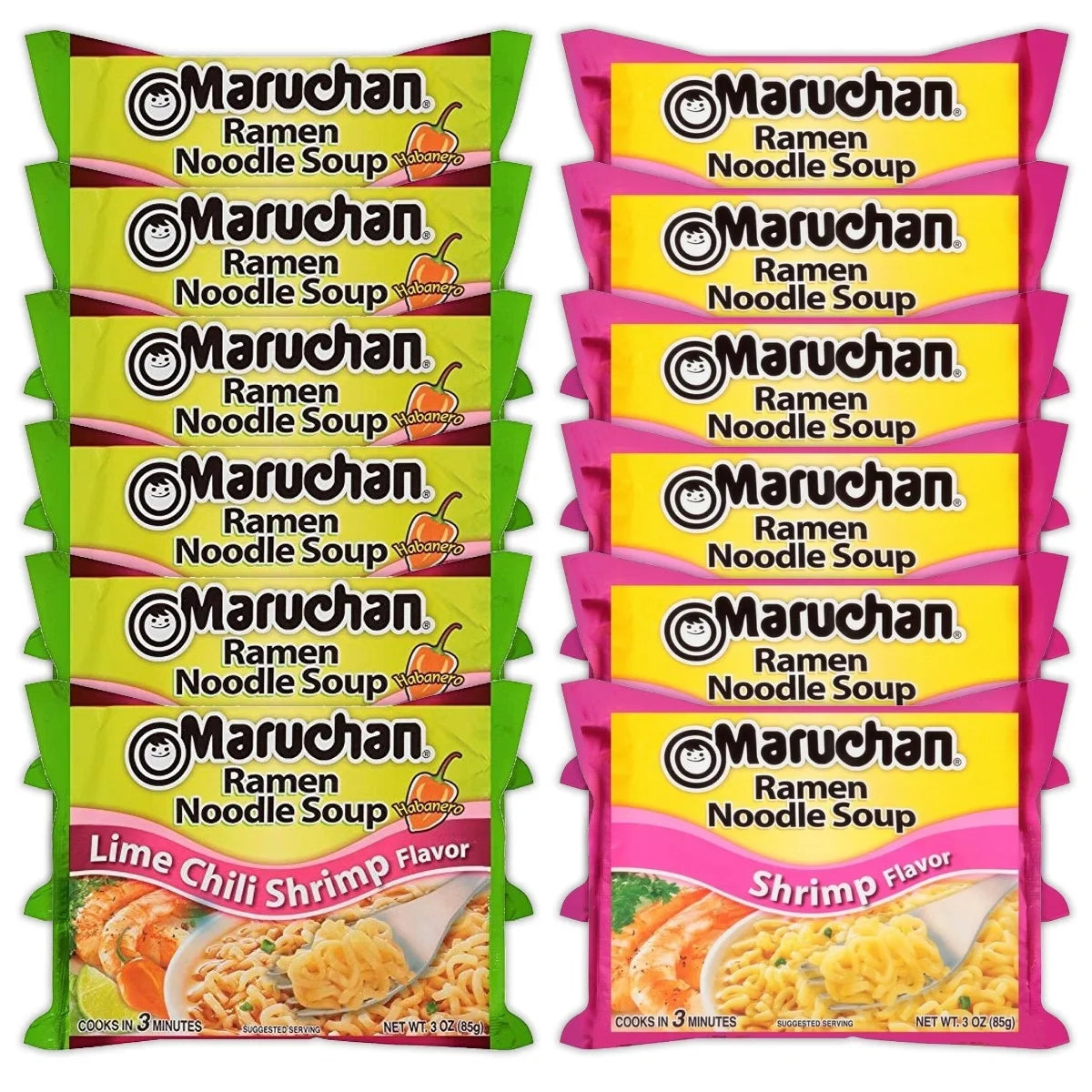 Maruchan Ramen Instant Noodle Soup Variety, 2 Flavors - 6 Packs Lime Chili Shrimp & 6 Packs Chili, 3 Ounce Single Servings