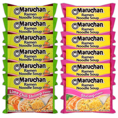 Maruchan Ramen Instant Noodle Soup Variety, 2 Flavors - 6 Packs Lime Chili Shrimp & 6 Packs Chili, 3 Ounce Single Servings