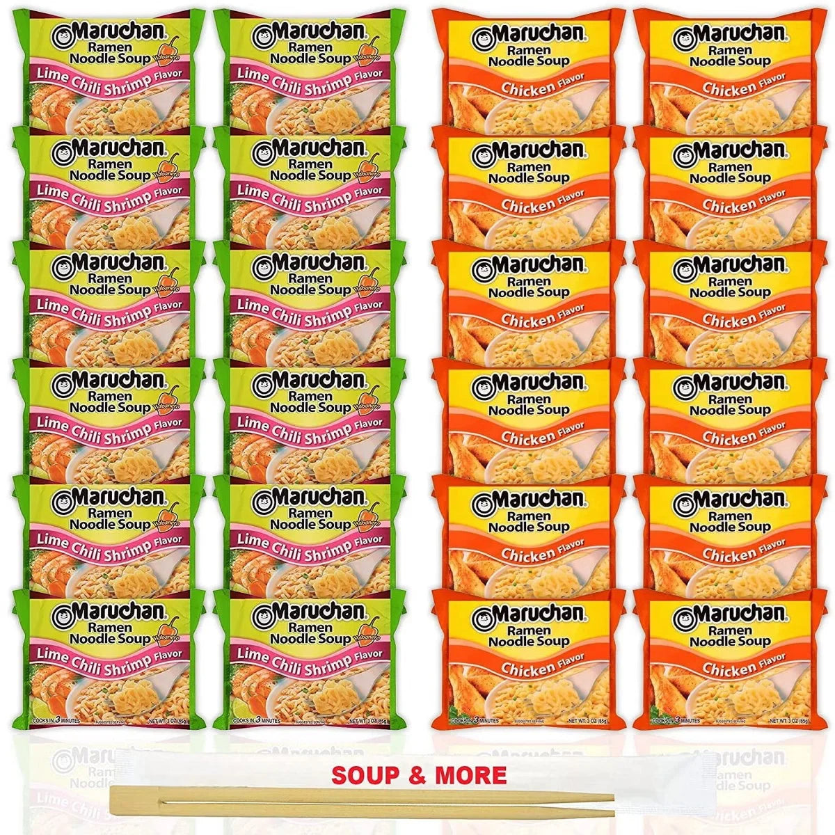 Maruchan Ramen Instant Noodle Soup Variety, 2 Flavors - 12 Packs Lime Chili Shrimp & 12 Packs Chicken