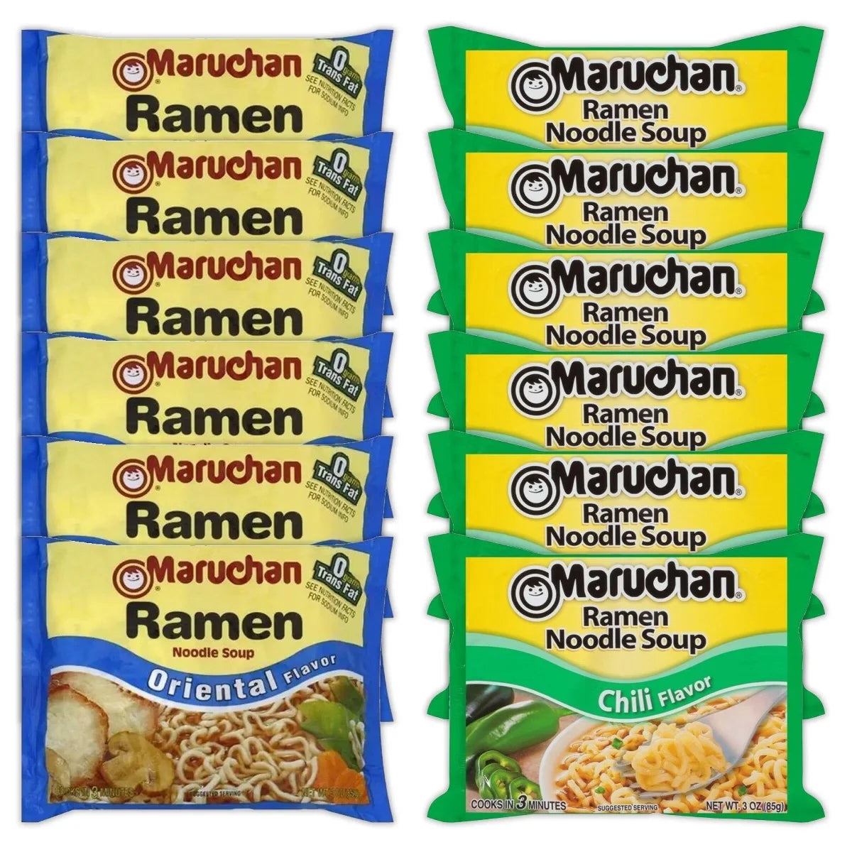 Maruchan Ramen Instant Noodle Soup Variety, 2 Flavors - 6 Packs Soy Sauce & 6 Packs Chili, 3 Ounce Single Servings