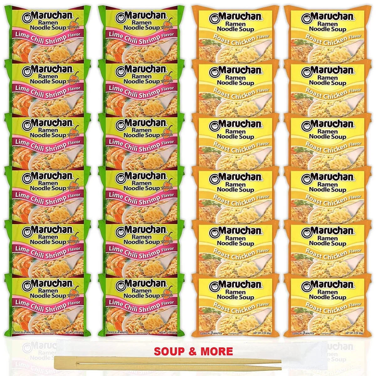 Maruchan Ramen Instant Noodle Soup Variety, 2 Flavors - 12 Lime Chili Shrimp & 12 Roast Chicken