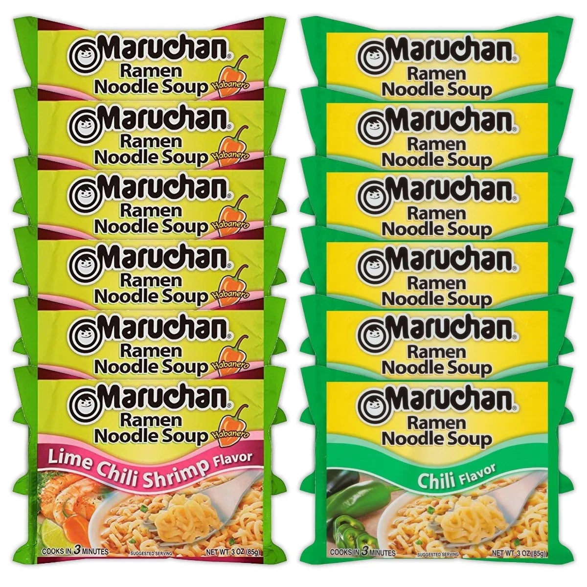 Maruchan Ramen Instant Noodle Soup Variety, 2 Flavors - 6 Packs Lime Chili Shrimp & 6 Packs Chicken, 3 Ounce Single Servings