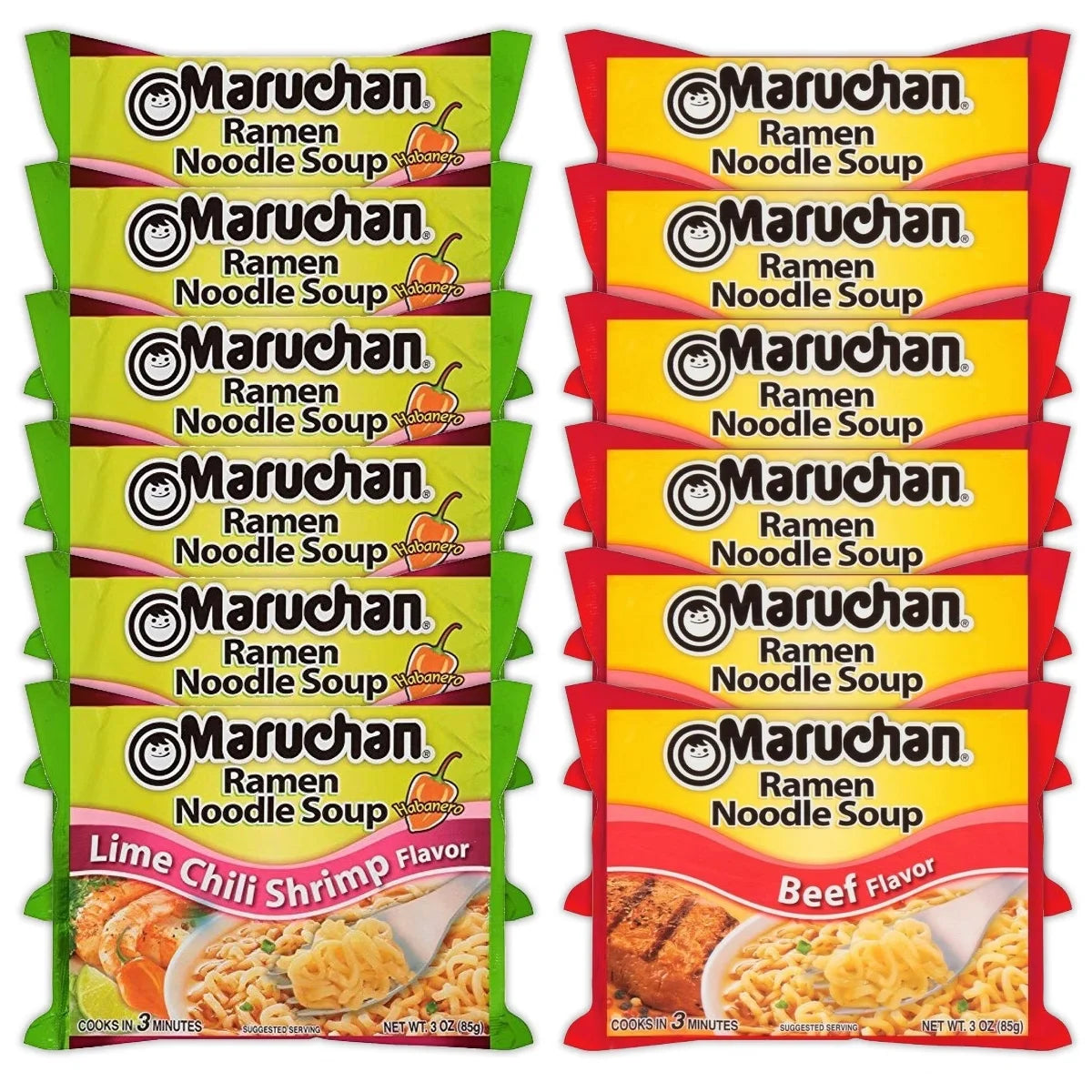 Maruchan Ramen Instant Noodle Soup Variety, 2 Flavors - 6 Packs Lime Chili Shrimp & 6 Packs Beef, 3 Ounce Single Servings