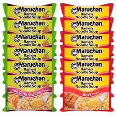 Maruchan Ramen Instant Noodle Soup Variety, 2 Flavors - 6 Packs Lime Chili Shrimp & 6 Packs Beef, 3 Ounce Single Servings