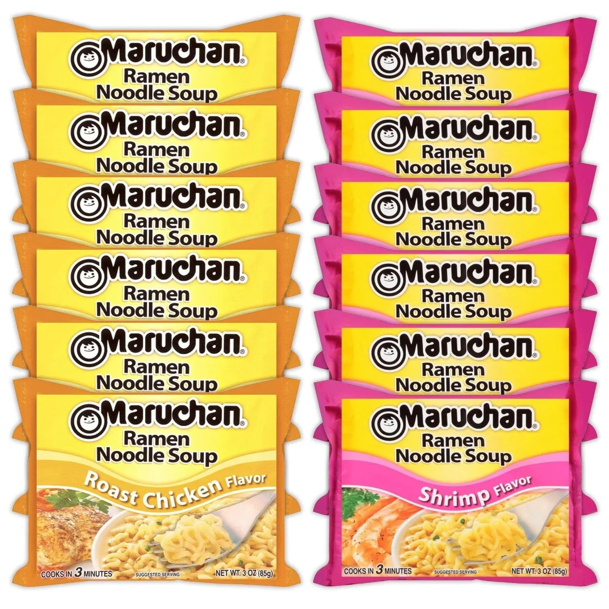 Maruchan Ramen Instant Noodle Soup Variety, 2 Flavors - 6 Packs Roast Chicken & 6 Packs Shrimp, 3 Ounce Single Servings