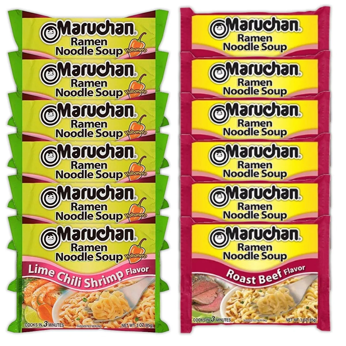 Maruchan Ramen Instant Noodle Soup Variety, 2 Flavors - 6 Packs Lime Chili Shrimp & 6 Packs Roast Beef, 3 Ounce Single Servings