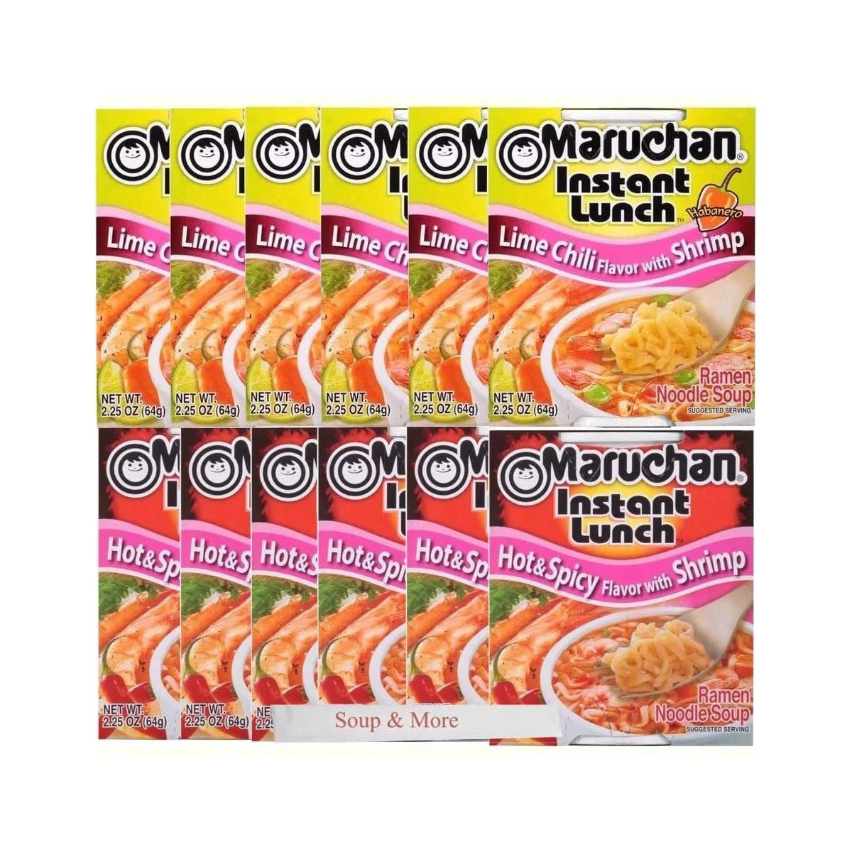 Maruchan Ramen Instant Cup Noodles 12 Count - 6 Hot & Spicy Shrimp & 6 Lime Chili Shrimp