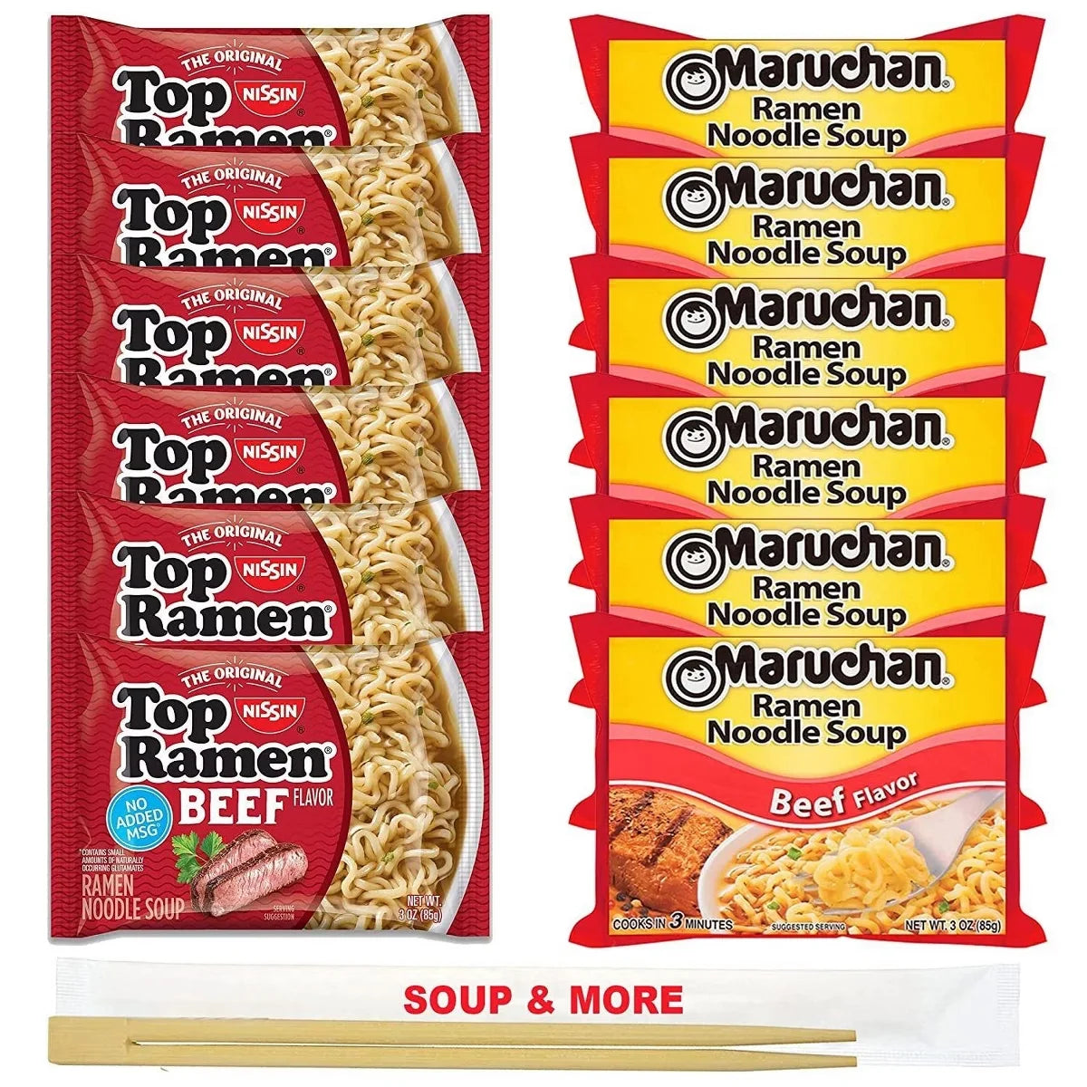 Maruchan Ramen Instant Beef Flavor Soup 6 Noodles Packs & 6 Nissin Packs Beef Noodles Flavor , 12 Count, 2 Flavors