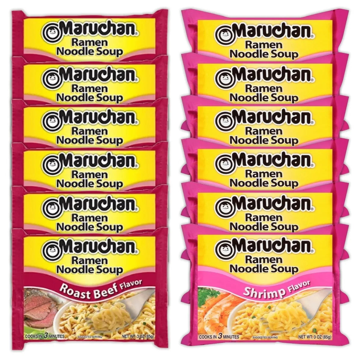 Maruchan Ramen Instant Noodle Soup Variety, 2 Flavors - 6 Packs Roast Beef & 6 Packs Shrimp, 3 Ounce Single Servings
