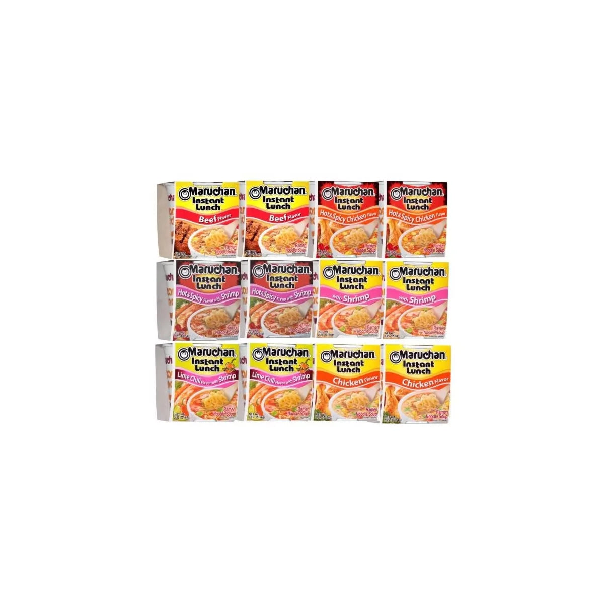 Maruchan 12 Count Ramen Instant Noodle Soup Cups 2 Chicken, 2 Shrimp, 2 Beef, 2 Hot & Spicy Chicken, 2 Hot & Spicy Shrimp & 2 Lime Chili Shrimp Flavor