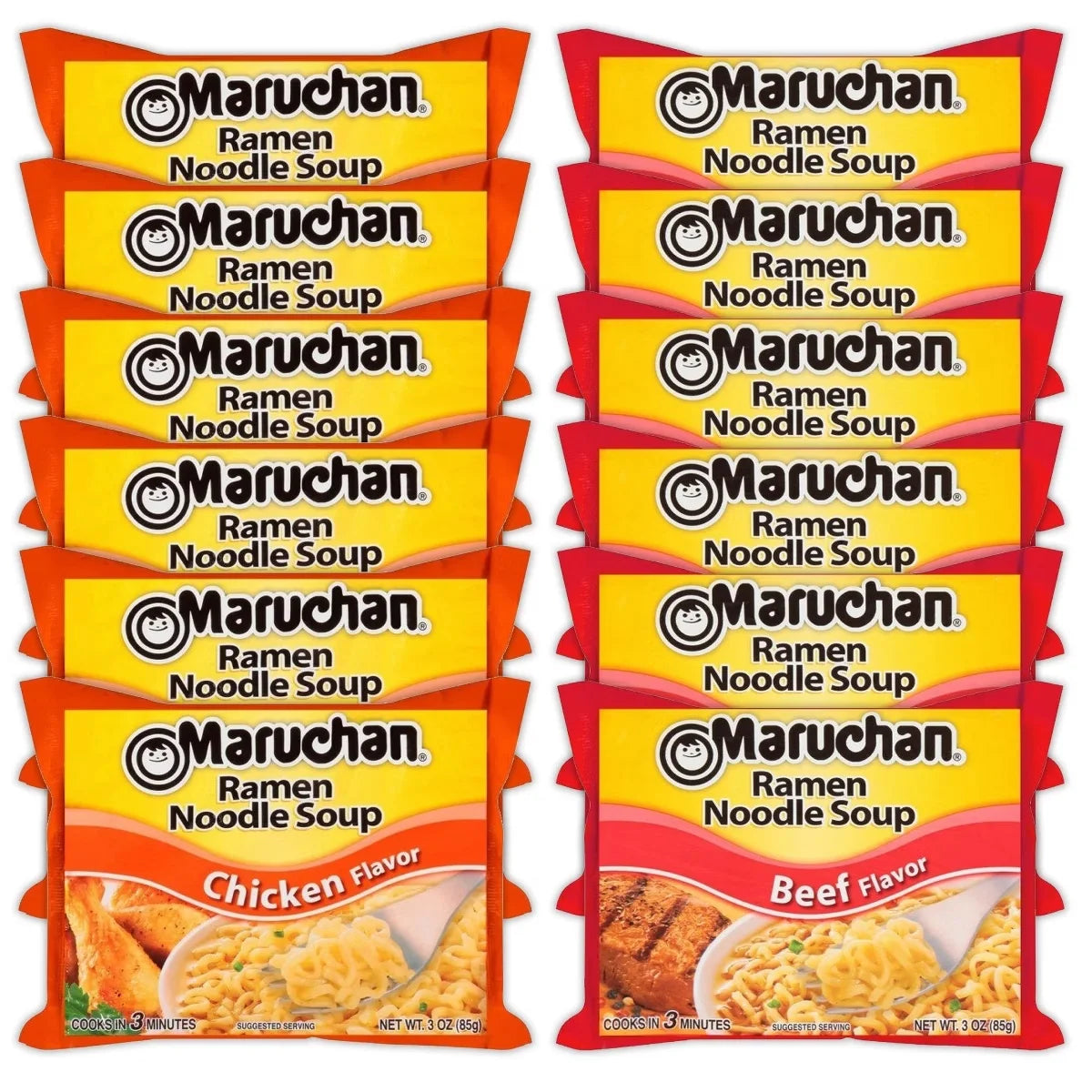 Maruchan Ramen Instant Noodle Soup Variety, 2 Flavors - 6 Packs Chicken & 6 Packs Beef, 3 Ounce Single Servings