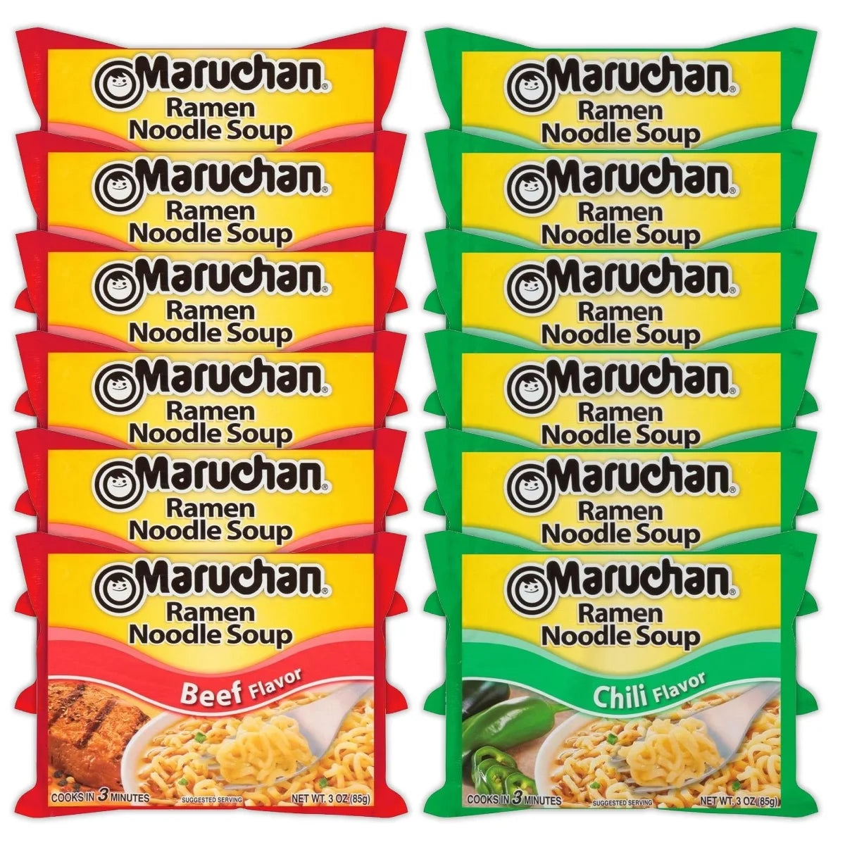 Maruchan Ramen Instant Noodle Soup Variety, 2 Flavors - 6 Packs Beef & 6 Packs Chili, 3 Ounce Single Servings