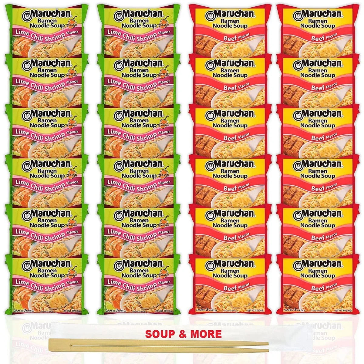 Maruchan Ramen Instant Noodle Soup Variety, 2 Flavors - 12 Packs Lime Chili Shrimp & 12 Packs Beef