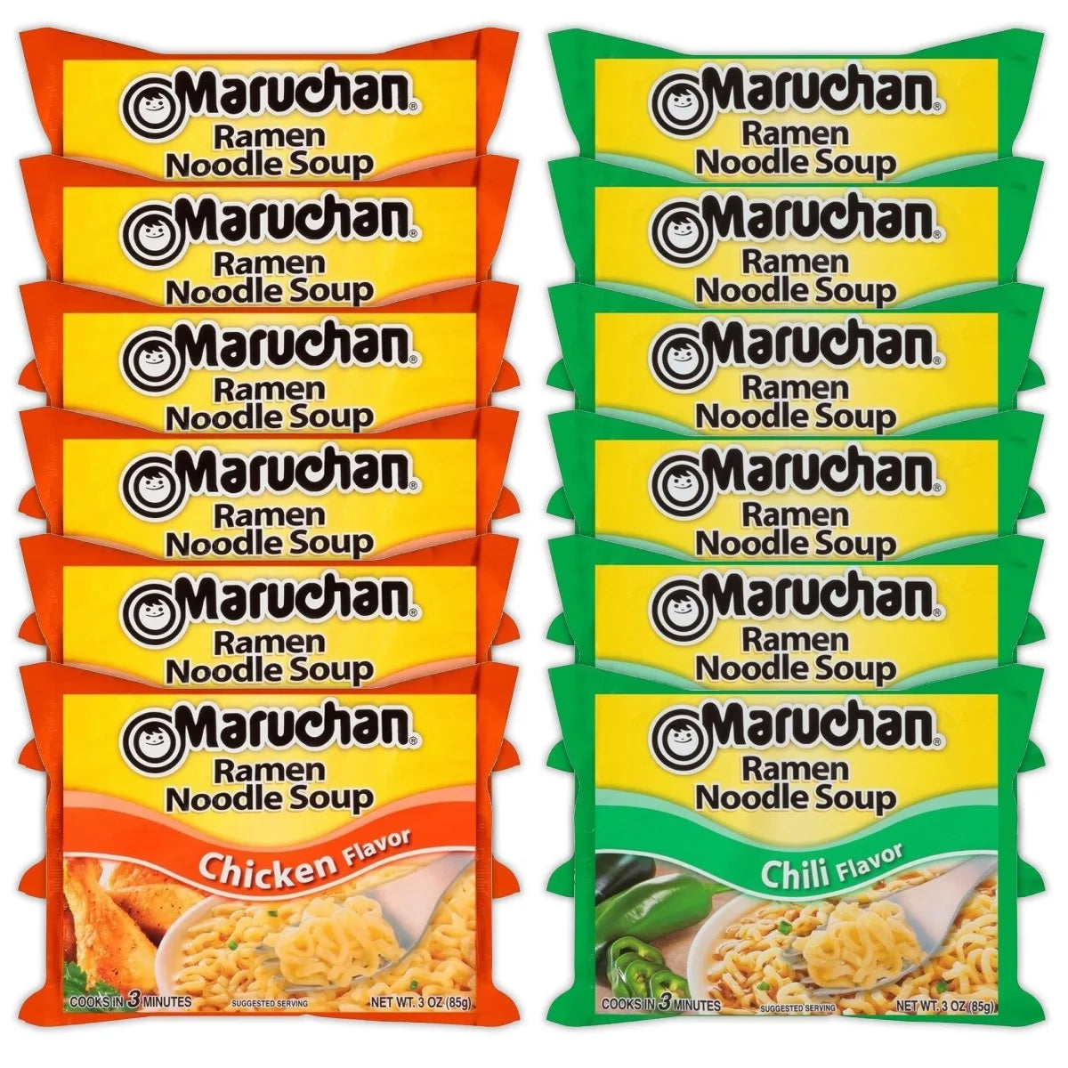 Maruchan Ramen Instant Noodle Soup Variety, 2 Flavors - 6 Packs Chicken & 6 Packs Chili, 3 Ounce Single Servings