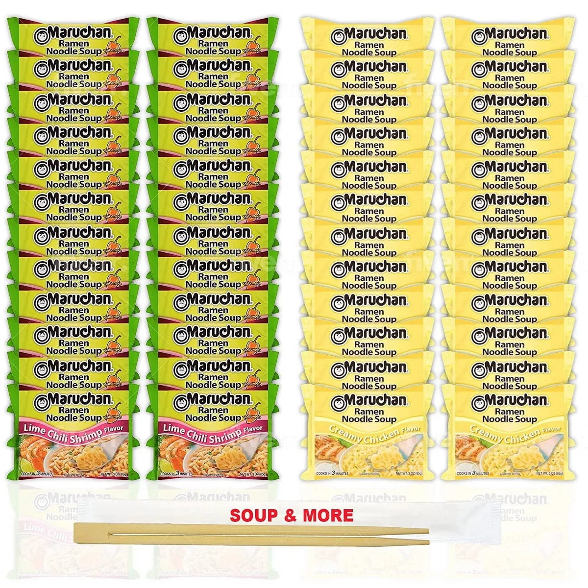 Maruchan Ramen Instant Noodle Soup - 2 Flavors - 24 Packs Lime Chili Shrimp & 24 Creamy Chicken